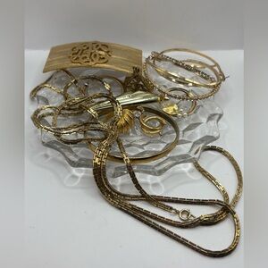 Vintage Gold Tone Jewelry Lot Necklace Brooch Earrings On Fostoria Glass Plate